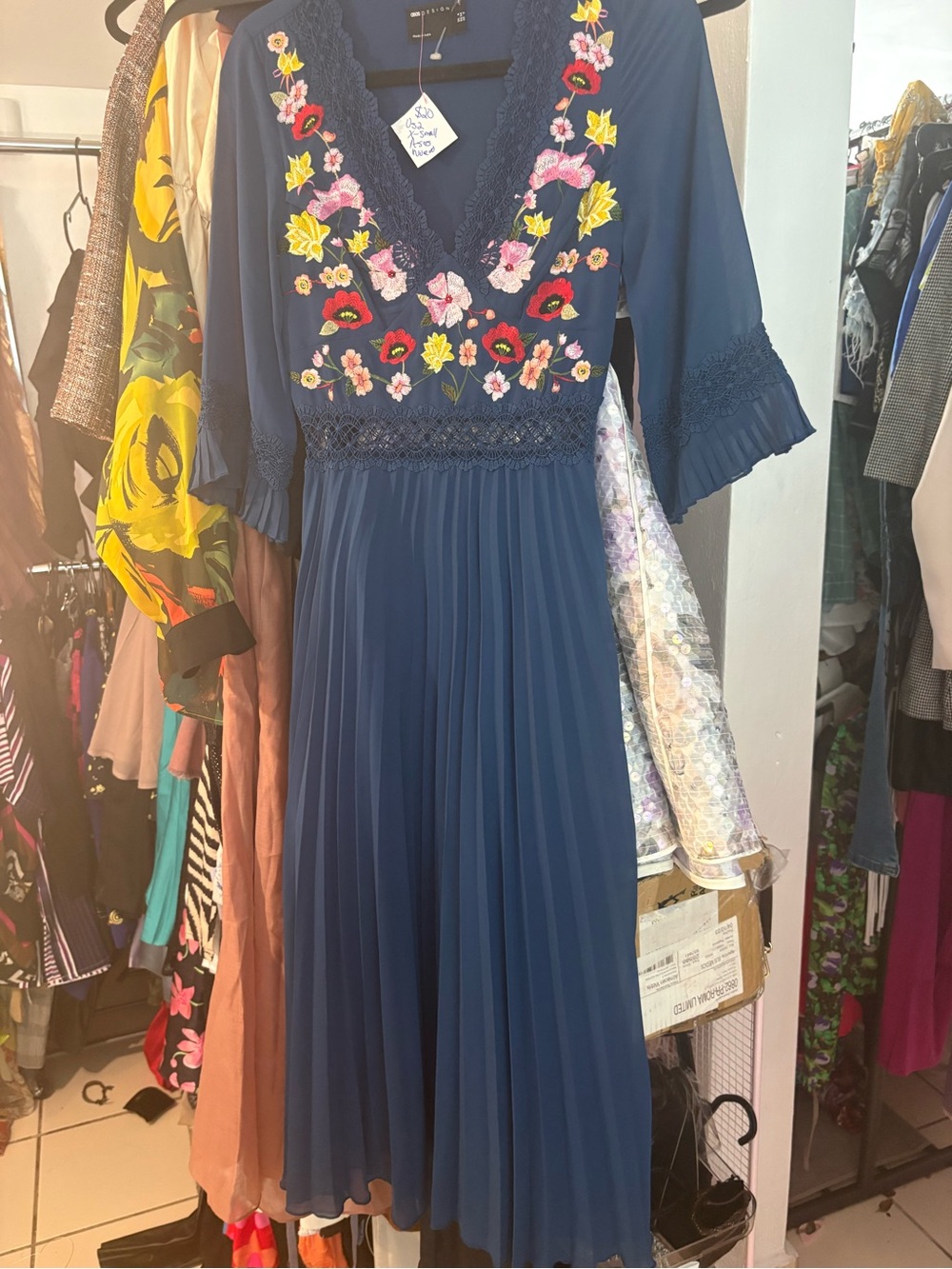NWT Asos Navy Blue Floral Embroidered Maxi Dress. Size 2.